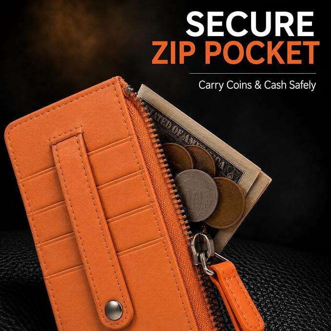 Leatherboss All in One Card Case Holder Slim Wallet With a Card Protection Strap (Orange)