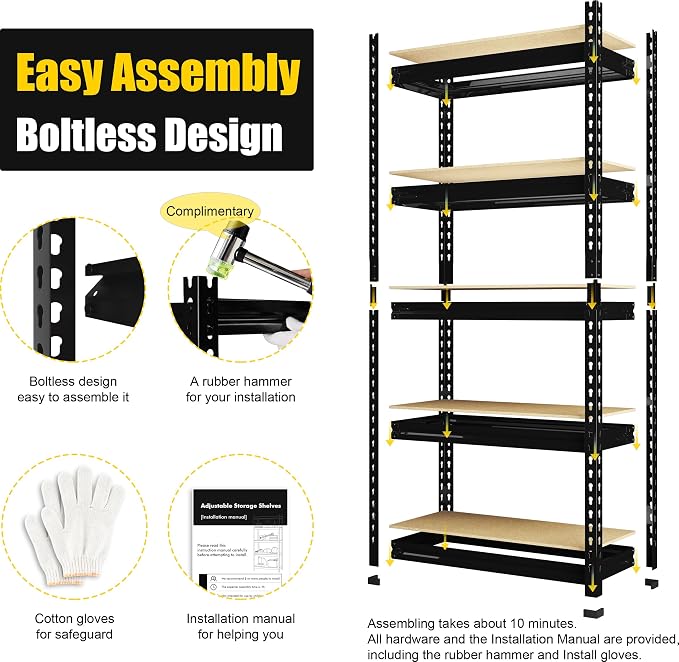 PrimeZone Storage Shelves 5 Tier Adjustable Garage Storage Shelving, Heavy Duty Metal Storage Utility Rack Organizer Shelf Unit for Warehouse Pantry Closet Kitchen Basement, 28" x 12" x 59", Black