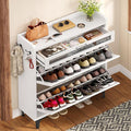TEENFON Shoe Cabinet with 2 Flip Drawers & Top Drawer, Farmhouse Narrow Shoe Storage Cabinet with Adjustable Shelves & Hooks, Freestanding Hidden Slim Shoe Rack Cabinet for Entryway, Hallway, White