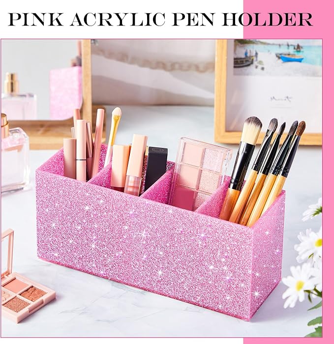 Jetec Acrylic Glitter Pink Pen Holder 4 Compartments Bling Makeup Brush Stationery Organizer Pencil Holder for Desk Accessories Sparkly Gifts for Women Back to School Birthday Desktop Workplace Office