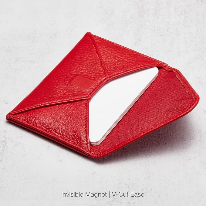 HISCOW Italian Pebbled Leather Business Card Holder, Minimalist Full Grain Envelope Card Case with Hidden Magnetic Closure, 0.19 Inch Slim Front Pocket Wallet for Men and Women, Rosso Red