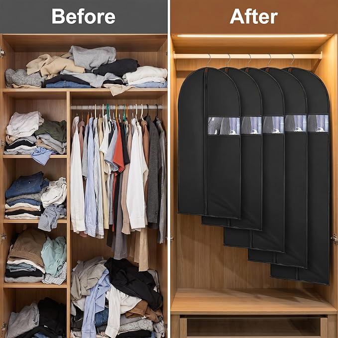 60Inch Garment Bags Covers,Black Hanging Clothes Bag, Suit Cover Bags with Clear Window for Hanging Closet Clothes Storage and Travel (1, Black, 60 inch)