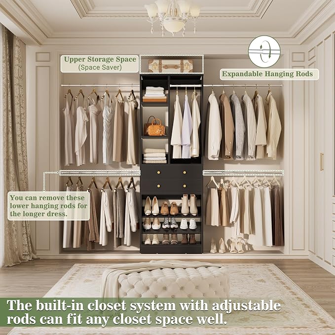 Besiost Closet System, 4.2–8.8 FT Closet Organizer with 2 Wooden Drawers and Shelves, Walk-in Closet System with 5 Hang Rods, Built-in Reach in Closet Tower, Can Fit 60 to 96 inch, Black
