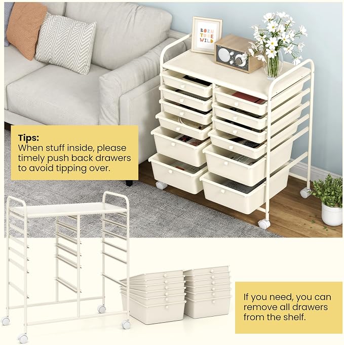 DREAMADE Rolling Cart with Storage Drawers, Utility Cart with Removable Plastic Drawers, Lockable Wheels, Art Cart for Classroom Organization Art Supplies Office Scrapbook (12 Drawers, White)