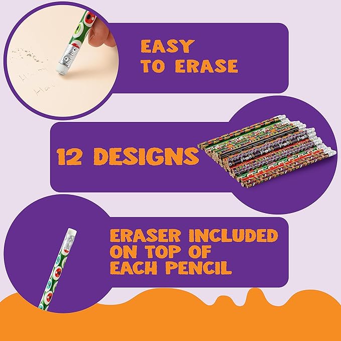 JOYIN 48PCS Halloween Pencils Bulk with Eraser, Colorful Fall Pencil Assortment, 12 Design Halloween Themed Stationery Set for Kid Girl Boy Trick or Treating Party Favor Supplies, Classroom Gift Prize