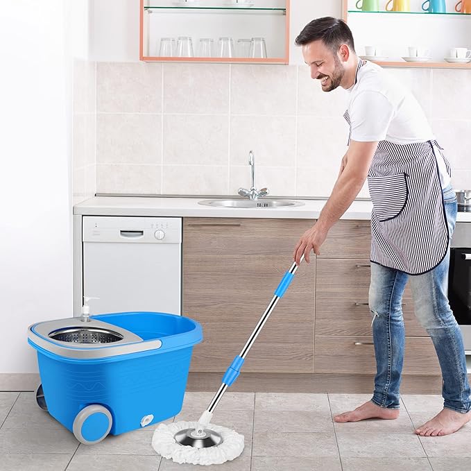 Mop and Bucket with Wringer Set, Mop and Bucket on Wheels Floor Cleaning System with Spin Mop Head 61 Inch Refills Extended Stainless Steel Handle for Home Office Household Cleaning