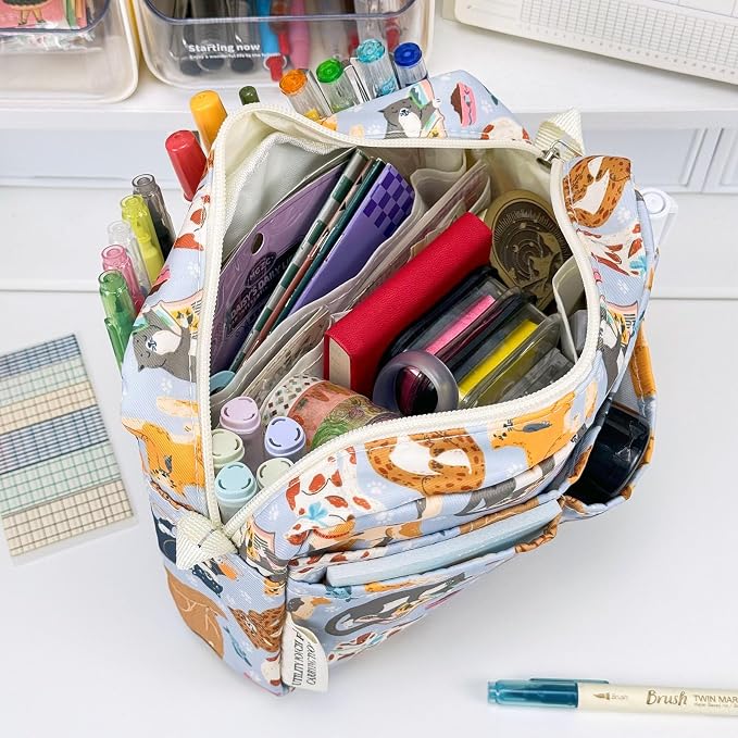 Multiple Pockets Portfolio Organizer with Zippered,Storage Pencil Pouch Bag | Waterproof Travel Toiletry Bag,Portable Pencil Pouch for Notebooks,Stationeries,Make-up,Journal Office Art Supplies.Blue Cat