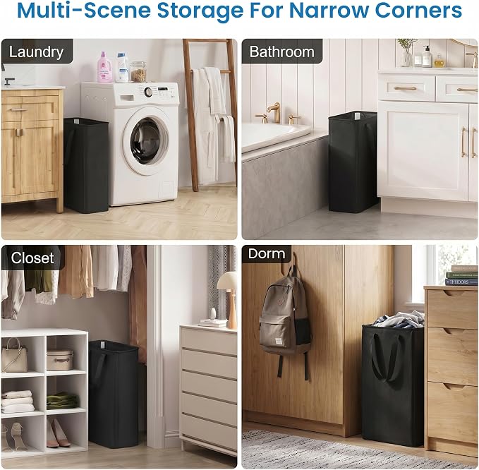efluky 2 Pack Slim Laundry Basket with Lid, Narrow Laundry Hamper with Handles, Collapsible Dirty Clothes Hamper, Tall Laundry Bin for Laundry Room, Dorm and Bedroom, 50L Black