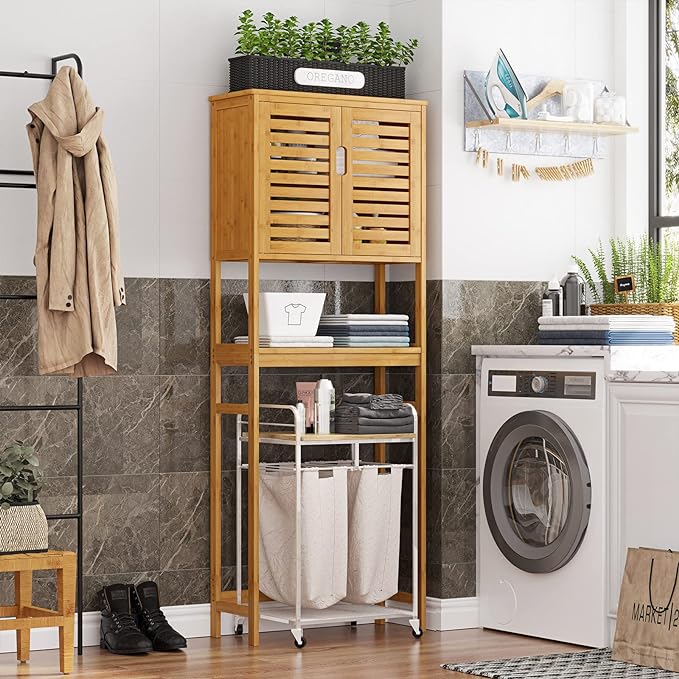 VIAGDO Over The Toilet Storage Cabinet, Tall Bathroom Cabinet Organizer with Cupboard and Adjustable Shelves, Freestanding Toilet Shelf Space Saver Rack Stand for Laundry Room, Balcony, Bamboo