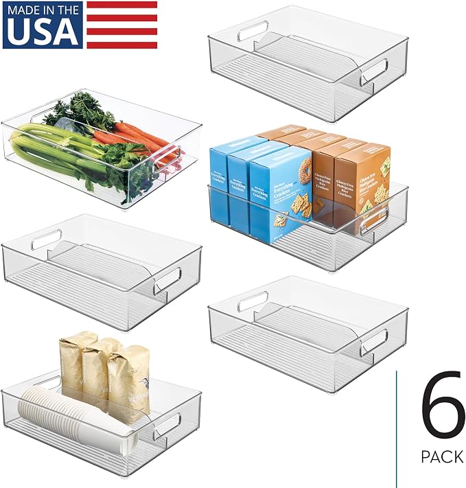 iDesign Divided Pantry Bin with Handles, Set of 6, Clear | For Pantry, For Refrigerator, For Freezer
