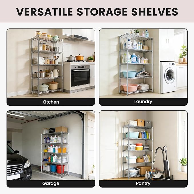 Xcity Storage Shelves, 5 Tier Heavy Duty Metal Shelving Unit, 2000 LBS Adjustable Steel Wire Shelf for Commercial, Pantry, Kitchen, Garage, 14" D x 30" W x 60" H, Chrome