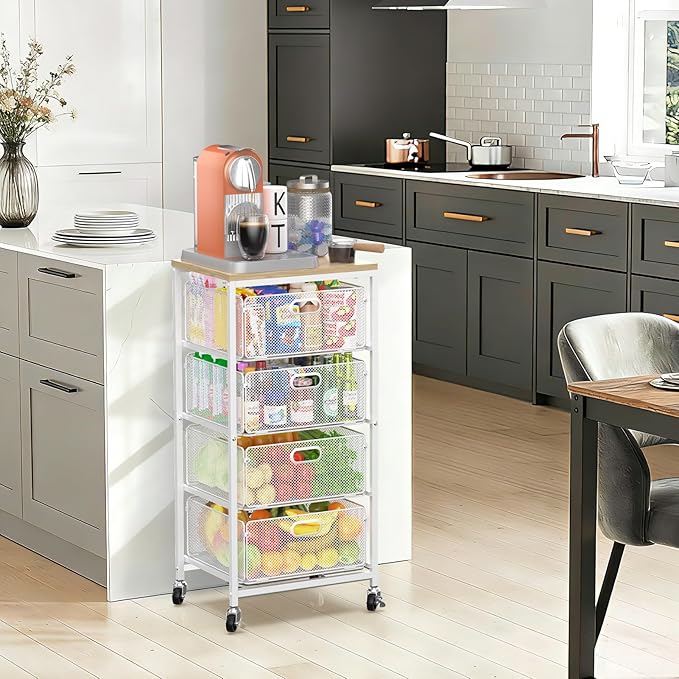 SUNALLY Rolling Kitchen Cart with Drawers, 4-Tier Utility Cart Fruit Vegetable Storage Cart with Lockable Wheels, Wooden Top Metal Kitchen Storage Organizer for Cans, Snacks, Beauty, Craft, Art, White