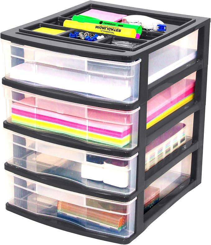 Gracious Living 4 Drawer Desktop & Countertop Organizer w/Organization Lid for Craft Storage, Office Supplies & School Supplies, Black/Clear (4 Pack)