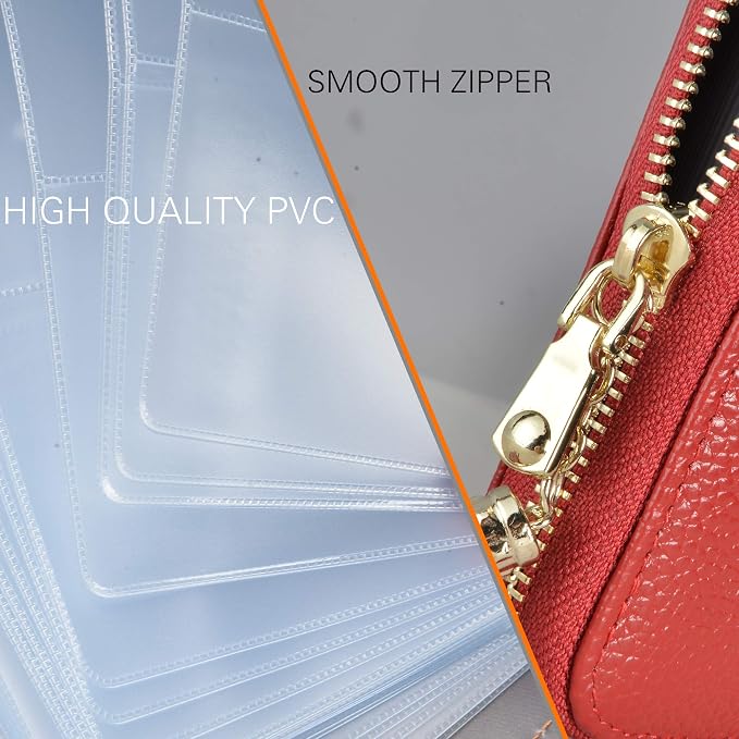 Easyoulife Womens Credit Card Holder Wallet Zip Leather Card Case RFID Blocking (Red)