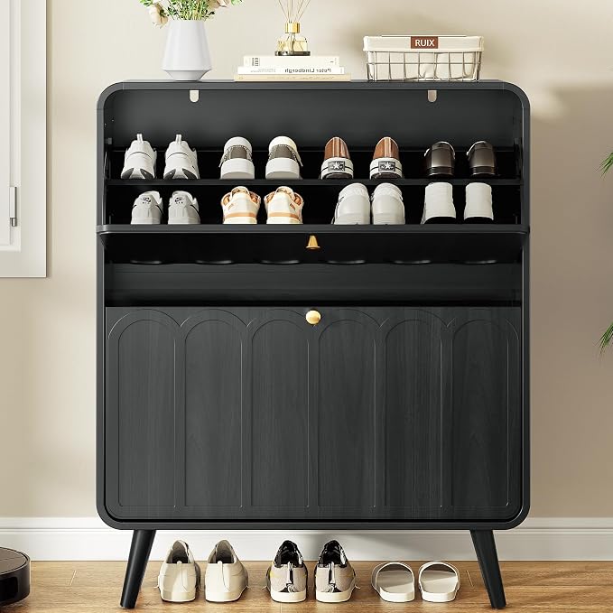Decofy Shoe Cabinet with 2 Flip Drawers, Expanded Panel for Long Footwear, Freestanding Shoe Storage Cabinet with 3-Gear Adjustable Shelves, Narrow Shoe Cabinets for Entryway, Solid Wood Legs, Dark