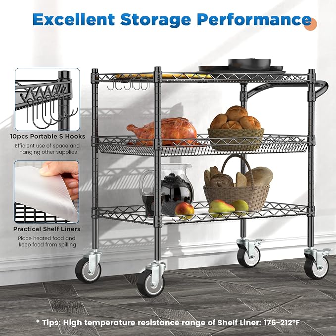 Leteuke 3 Tier Rolling Carts with Wheels, Heavy Duty Rolling Utility Cart | NSF Commercial Grade Metal Cart with Handle&Shelf Liner,Trolley Serving Cart for Kitchen,Restaurant,Plant Display,Black