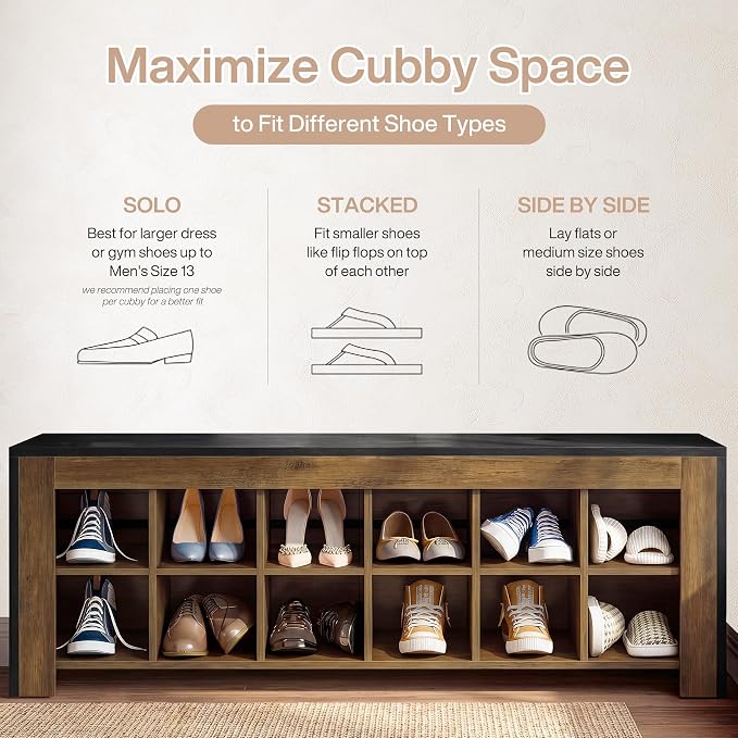 Tribesigns 48-inch Farmhouse Entryway Bench, Wooden Shoe Storage Bench with 12 Cubbies & Compartments, Shoe Rack Organizer, Freestanding Shoe Cabinet for Hallway, Mudroom, Cloakroom, Bedroom