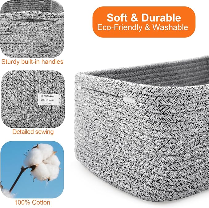 Small Storage Baskets for Organizing, Woven Storage Bins for Shelves, Gift Basket Empty, Cute Decorative Closet Organizer, Baby Rope Basket, Dog Toy Storage, 13.2x8.2x5.2”, 3Packs Mixed Gray