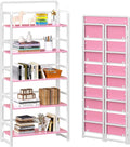4NM No Assembly 5 Tiers Folding Bookshelf Storage Shelves Vintage Bookcase Standing Racks Study Organizer Home Office (Pink White)