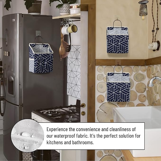 2pcs Wall Hanging Storage Bag, Small Door Closet Linen Fabric Pockets Organizer, Waterproof Multi Functional for Living Room Bedroom Bathroom Kitchen RV Camper with Hooks Pattern Navy