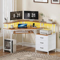 47" Corner Desk with Drawers, Power Outlets ＆ Printer Shelf for Small Space | Small Computer Desk with Monitor Stand, Triangle Gaming Desk with LED Lights and Keyboard Tray, Brown and White