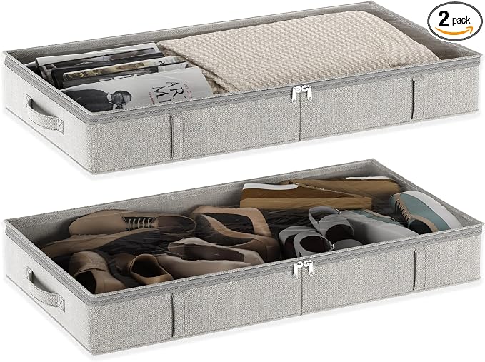 Gray Low Profile Under Bed Storage Containers 5 inches high, 33.8"x 17.7"x 5.1", Sturdy Underbed Shoe Storage Organizer, White Foldable Fabric Under the Bed Storage Bins - Pack of 2