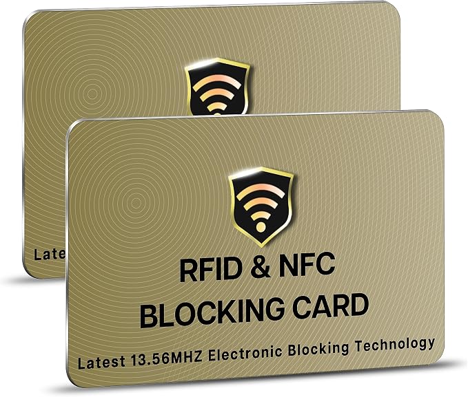 SaiTech IT 2 Pack RFID Blocking Card for Credit Debit ID Card, Golden | Slim Anti-Theft Contactless NFC RFID Blocker Protector, Easily Fit into Wallet and Purse, for Men & Women