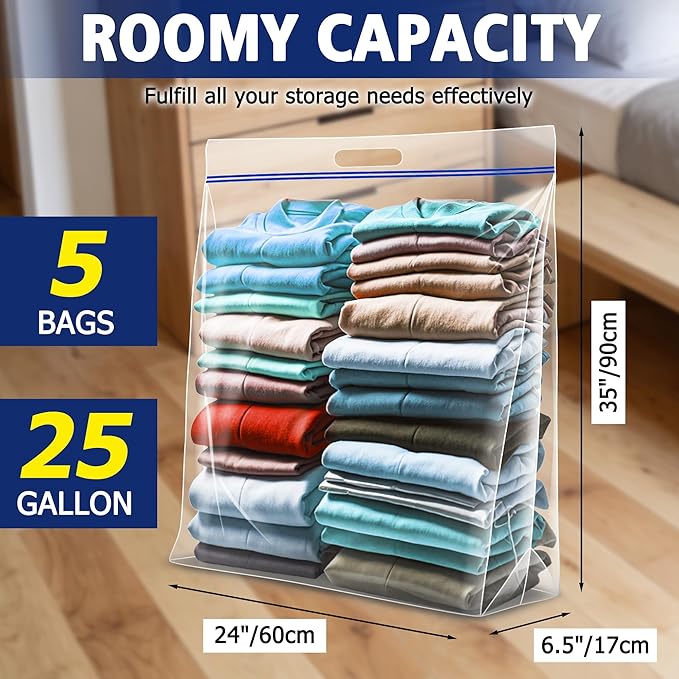 Jumbo Heavy Duty Plastic Storage Extra Large Bags, 25 Gallon 3.5 Mil Thick Clear Zipper Bags with Handles for Home, Travel and Moving 35" x 24", 5 packs