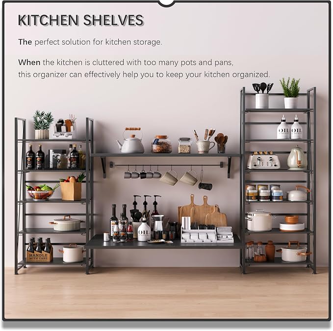 4NM No Assembly Folding Bookshelf, 6-Shelf 74" H Collapsible Foldable Bookcase Storage for Small Spaces, All Black