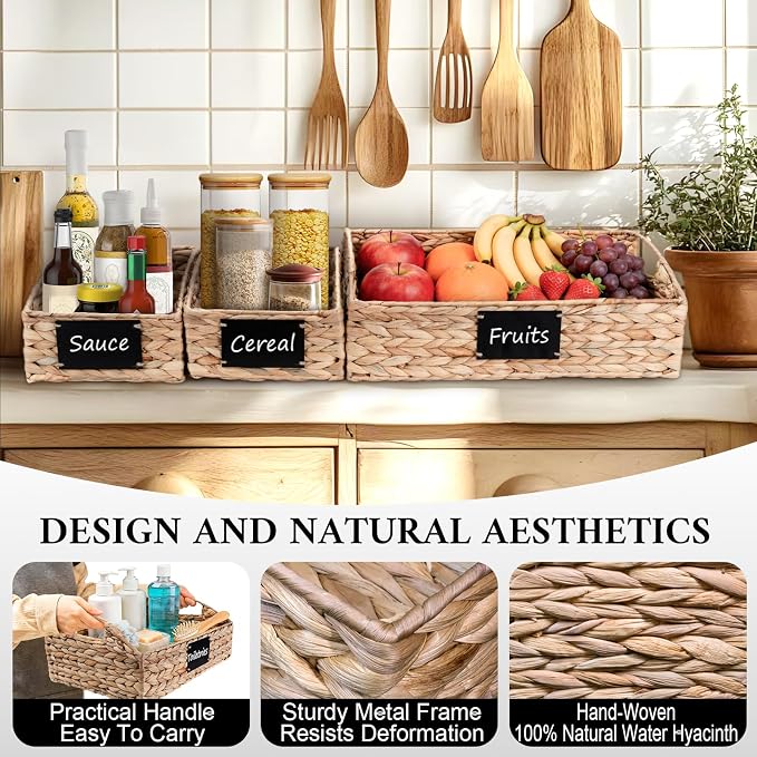 Hand-Woven Pantry Baskets for Organizing, Large Wicker Storage Baskets for Shelves with Labels, 2 Chalk Markers & Handles, 3 Pack Hyacinth Storage Bins for Pantry Kitchen Laundry Shelf