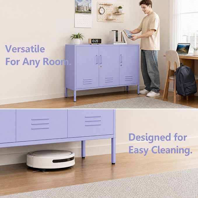 Purple Wide Metal Storage Cabinet, 32" H Heavy Duty Steel Locker with Lock, 2 Adjustable Shelves & Ventilated Doors for Home Office Kitchen Living Room