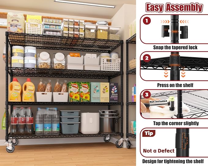 PrimeZone 6 Packs 55.5" W x 24" D x 80" H Heavy Duty Wire Storage Shelves with Wheels, 4 Tier Adjustable NSF Commercial Garage Shelving Unit, Rolling Metal Organizer Shelf Rack for Warehouse, Pantry