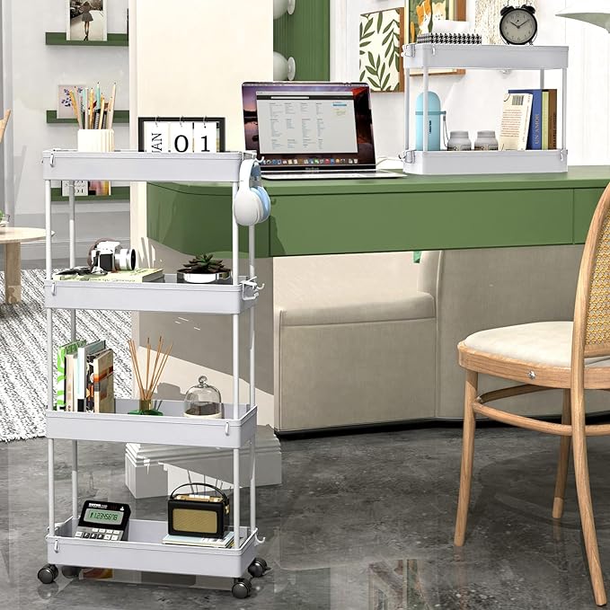 SPACEKEEPER Slim Rolling Storage Cart 4 Tier Bathroom Organizer Mobile Shelving Unit Storage Rolling Utility Cart Tower Rack for Kitchen Bathroom Laundry Narrow Places, Gray