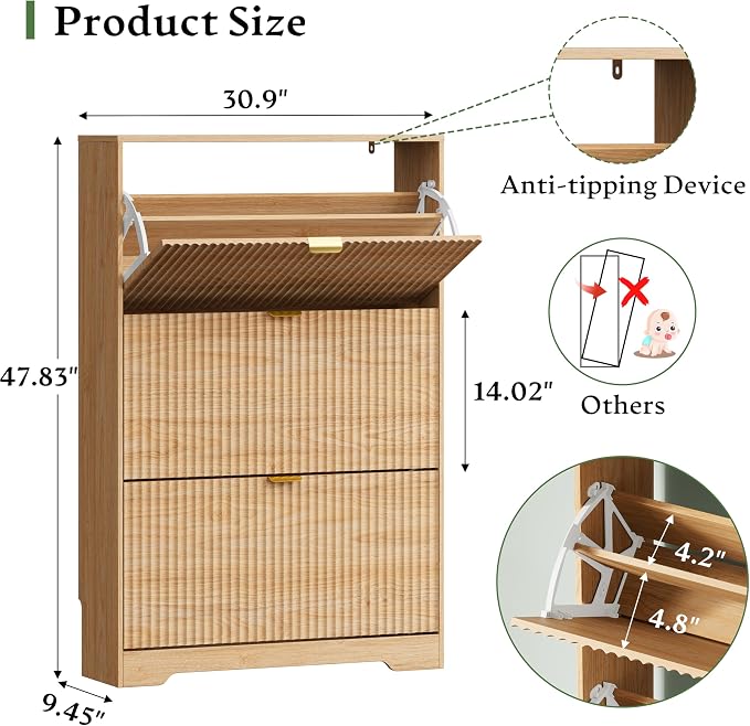 Xixini Shoe Storage Cabinet for Entryway with 3 Flip Drawers, Hidden Slim Wood Shoe Organizer with Modern Fluted Panel, Freestanding Narrow Shoe Rack for Front Door Entrance, Hallway, Foyer, Oak