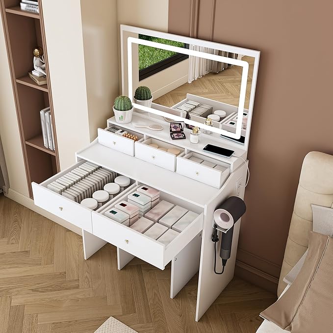 Small Vanity Desk with Mirror and Lights, Makeup Vanity Table with Large Mirror & 5 Drawers & Stool & Hair Dryer Holder, Dressing Table Set for Bedroom, Brightness Adjustable