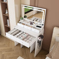 Small Vanity Desk with Mirror and Lights, Makeup Vanity Table with Large Mirror & 5 Drawers & Stool & Hair Dryer Holder, Dressing Table Set for Bedroom, Brightness Adjustable