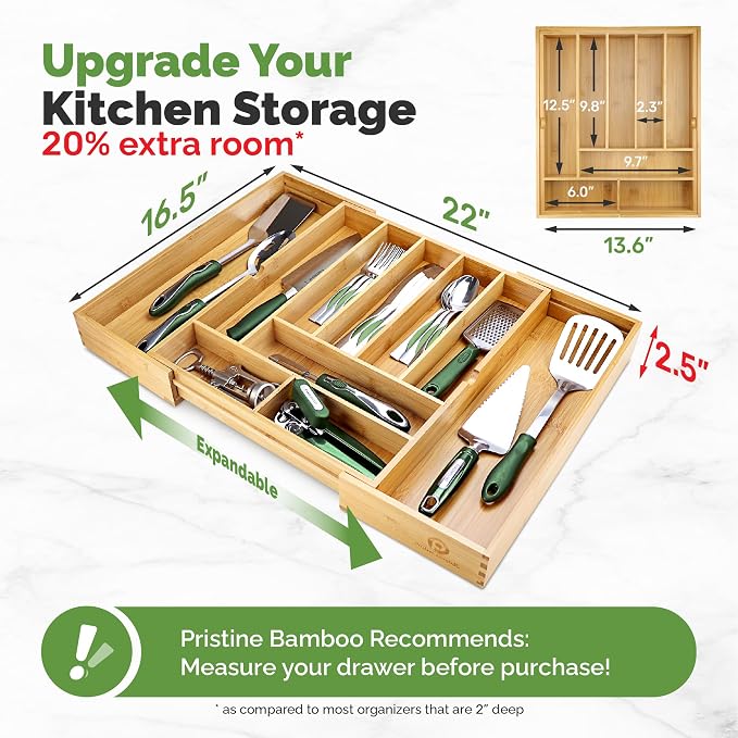 Pristine Bamboo Silverware Organizer - Expandable Kitchen Drawer Organizer - Adjustable Kitchen Drawer Organizer for Utensils, Expandable to 22 Inches Wide, 10 Compartments, Silverware Tray for Drawer | Expandable Kitchen Drawer Organizer for Utensils,...