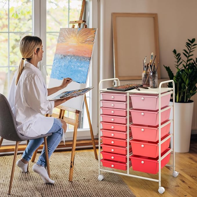 DREAMADE Rolling Cart with 15 Drawers, Rolling Drawer Organizer Cart w/Lockable Wheels, Removable & 2-Sized Storage Drawers, Art Cart for School Home Art Supplies Crafts File Scrapbook (Mixed Pink)