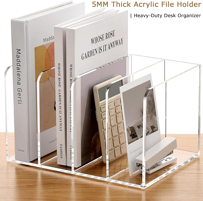 YUXUN Clear Acrylic Magazine File Holder, 4 Compartment Vertical Desk Organizer, 5mm Thick Document Sorter with Non-Slip Base, No Assembly for Office Home Classroom, Holds Binders, Books, Tablets