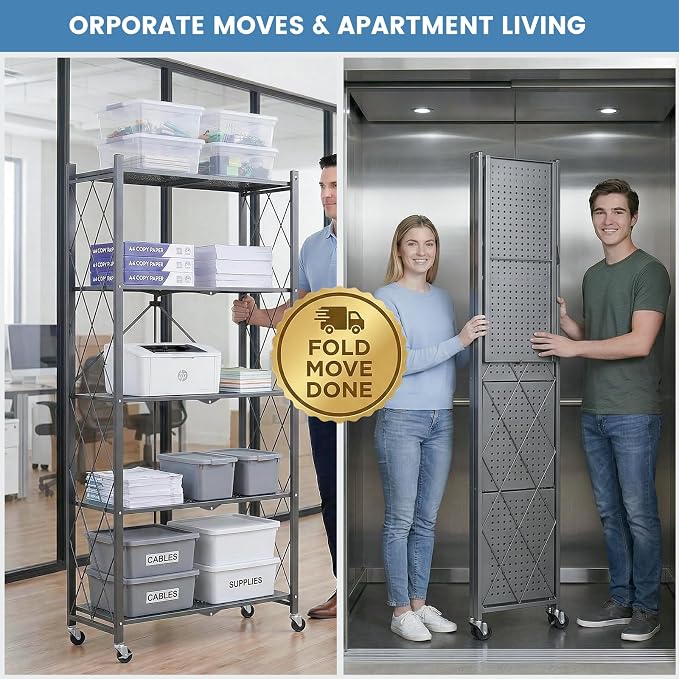 ALANNG 70.7" H Metal Storage Shelves, 5 Tier Folding Shelf on Wheels | Heavy Duty, No Assembly, Rolling, Collapsible Rack Unit for Kitchen, Basement, Pantry (Gray,4 Pack)
