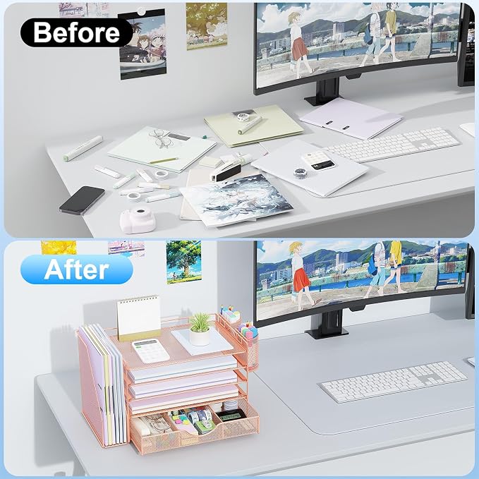 gianotter 5-Tier Desk Organizer with Drawers, File Holders, Letter Trays and Pen Holders - Workspace Accessories for Office Supplies (Rose Gold)