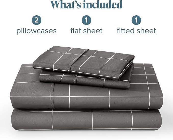 Bare Home California King Sheet Set - Luxury 1800 Ultra- Soft Double Brushed Microfiber - Deep Pockets - Easy Fit - 4 Piece Bedding Sheet Set (California King, Grid - Grey/White)