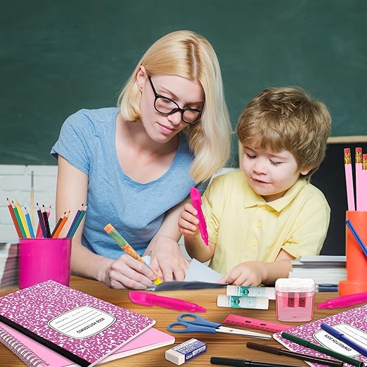 Gilprop 39 Pcs Back to School Supplies Essentials Bundle Include Pencils Scissors Ruler Eraser Crayon Sharpener Notebook Pencil Case Folder Notebook(Pink)