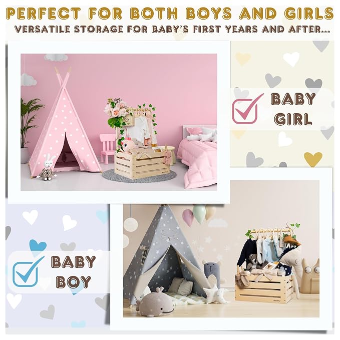 Wooden Baby Shower Crate Closet with Clothes Hangers & Dividers, Large Gift Basket for Boys & Girls, Wood Box Storage & Display with Handles & Ivy Garland, Welcome Gifts for New Parents.