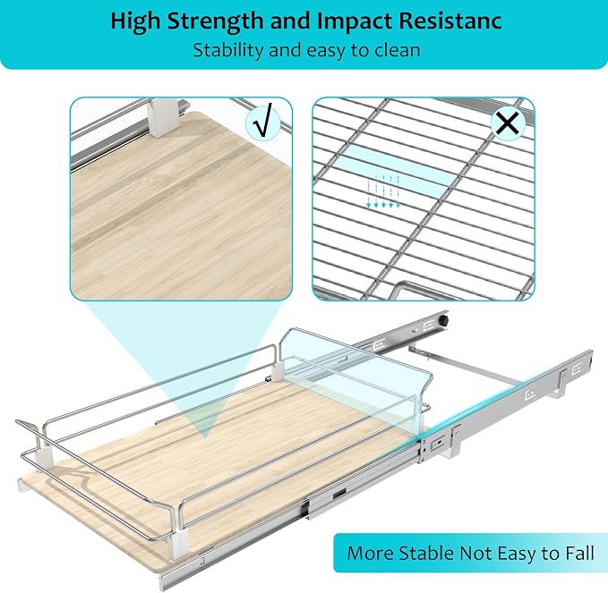 Pull Out Cabinet Organizer 19.08" W X 22" D, Wood & Chromed | Full Slide Out Drawers For Kitchen Cabinets, Cabinets Capacity Heavy Duty Caddy, Cabinet Pullout Shelves , Pantry Storage