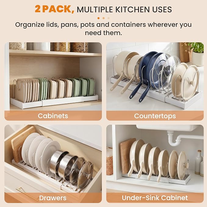 2 Pack Expandable Pot Lid Organizers with 10 Adjustable Dividers | 12.6-22.4 Inch Pots and Pans Organizer Rack Under Cabinet, Countertop, Pan Lids, Bakeware, Food Container Lids, White