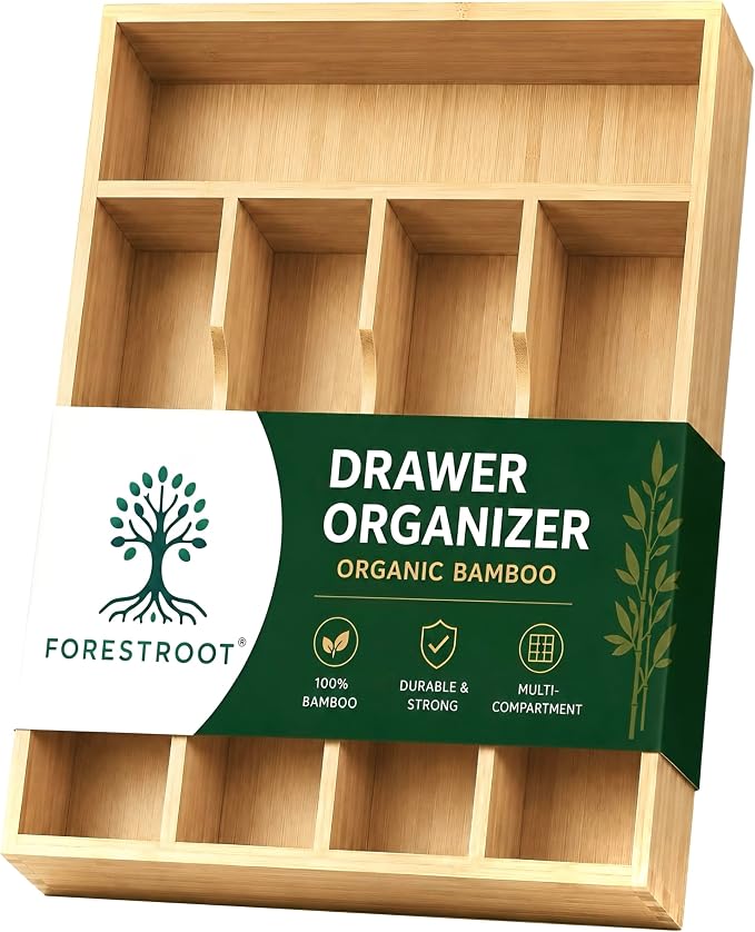 Bamboo Drawer Organizer for Kitchen Drawers, 5-Compartment Flatware & Cutlery Tray, Natural Bamboo Kitchen Utensil Silverware Organizer, Drawer Storage Organizer, 17 x 13 x 1.9 Inches