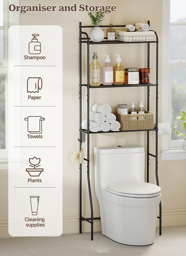 3-Tier Over The Toilet Storage, Bathroom Organizer, Space-Saving, Above Toilet Storage Rack with 4 Hooks and Paper Holder, Metal Shelf, Black