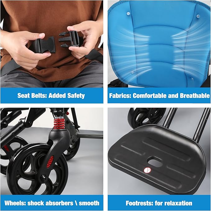 Wheelchairs for Adults,Transport Wheelchair Lightweight Foldable with Removable Cushion,Transport Chair,Ergonomic Travel Wheelchair with Telescopic Handle,Gifts for Grandpa,Blue