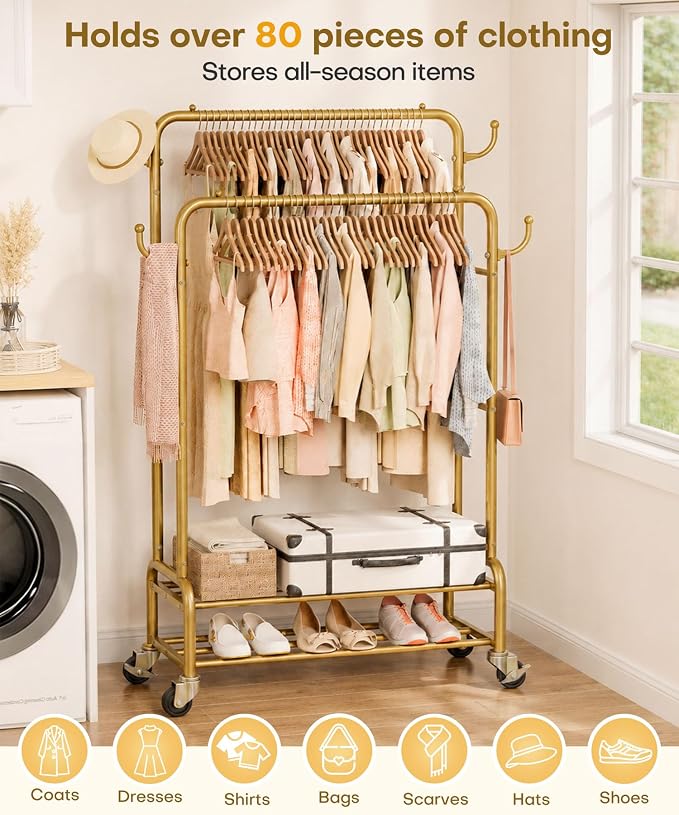 Homde Sturdy Garment Rack for Bedroom: 265 lbs Heavy Duty Clothes Organizer | 2 Hanging Rods Hold Coat to T-Shirt - Easy Roll & Park on Wheels - Metal Frame Stays Solid & Stable at Full Load